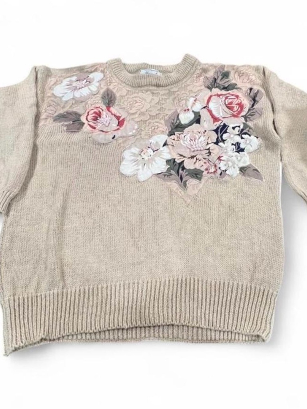 Vintage 80s Beige Floral Embroidered Sweater Embellished Lace & Pearl